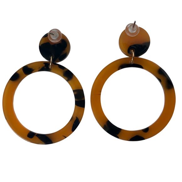 Yellow and Brown Tortoise Shell Round Hoop Drop Earrings - Picture 4 of 4